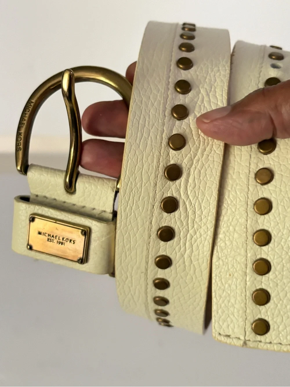 Michael Kors Cream Leather Studded Belt Antique Brass Plaque Medium M Boho Chic